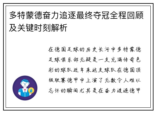 多特蒙德奋力追逐最终夺冠全程回顾及关键时刻解析