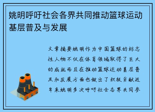 姚明呼吁社会各界共同推动篮球运动基层普及与发展