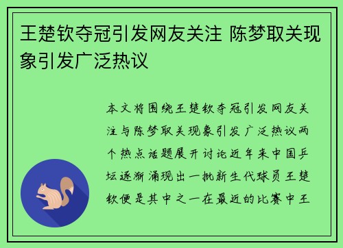 王楚钦夺冠引发网友关注 陈梦取关现象引发广泛热议