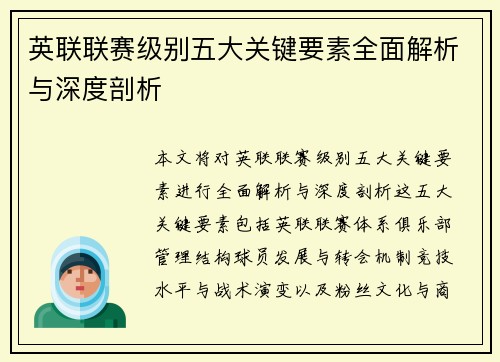 英联联赛级别五大关键要素全面解析与深度剖析