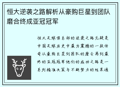 恒大逆袭之路解析从豪购巨星到团队磨合终成亚冠冠军